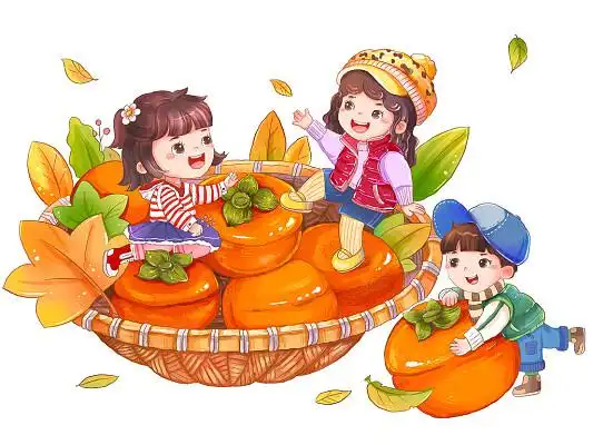秋天丰收二十四节气霜降柿子卡通儿童玩耍插画