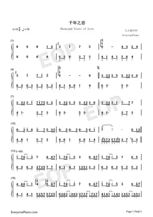 千年之恋-飞儿乐团双手简谱预览1
