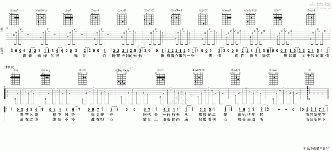 听见下雨的声音吉他谱(图片谱,弹唱,大伟吉他,教程)_关诗敏(sharon