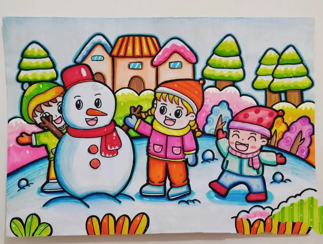 马克笔儿童简笔画 冬天主题 《下雪啦》7615 你们那里有没有开始