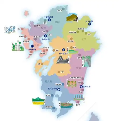 日本九州岛地图,福冈与熊本两地紧邻