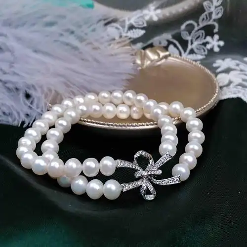 925银镶嵌天然白珍珠双层手链