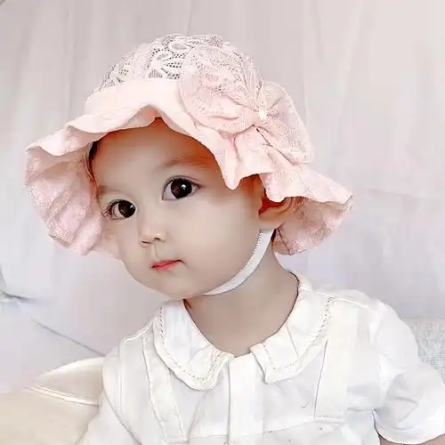 婴儿帽子春夏薄款女宝宝蕾丝公主帽可爱超萌渔夫帽幼儿女婴遮阳帽