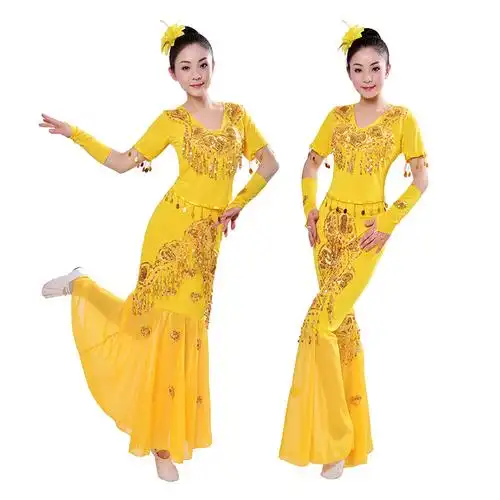 新款成人傣族舞蹈服装孔雀舞蹈裙葫芦丝演出服装民族表演服鱼尾裙红色