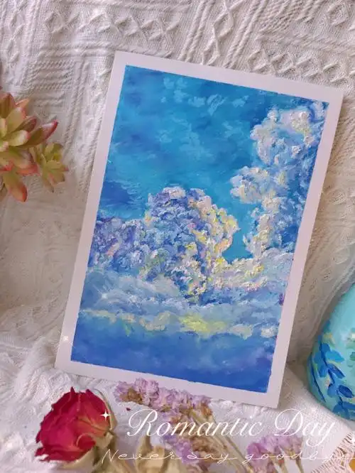 原创油画棒风景画蓝色云层梦幻篇
