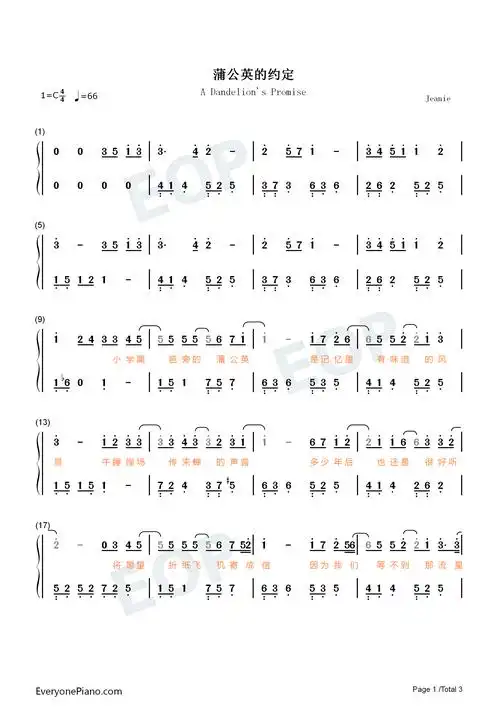 蒲公英的约定-超级简单版双手简谱预览1