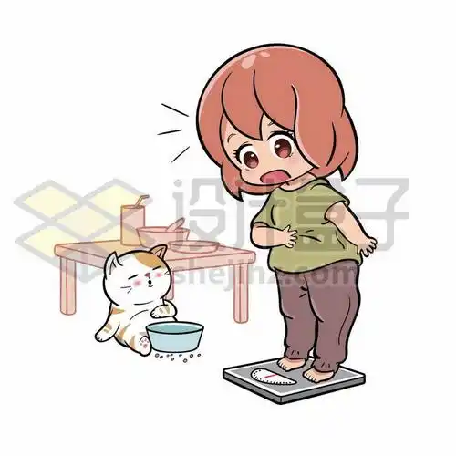 卡通女孩站在体重秤上吃太多减肥8796438矢量图片免抠素材