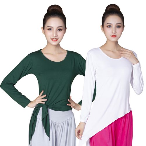 广场舞服装长袖上衣莫代尔形体舞蹈练功服成人修身白色跳舞衣服女