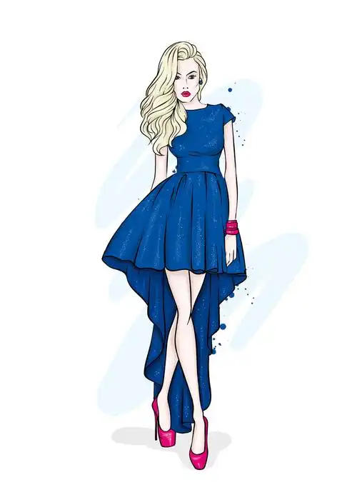 6款穿着时尚服装的卡通女人矢量插图