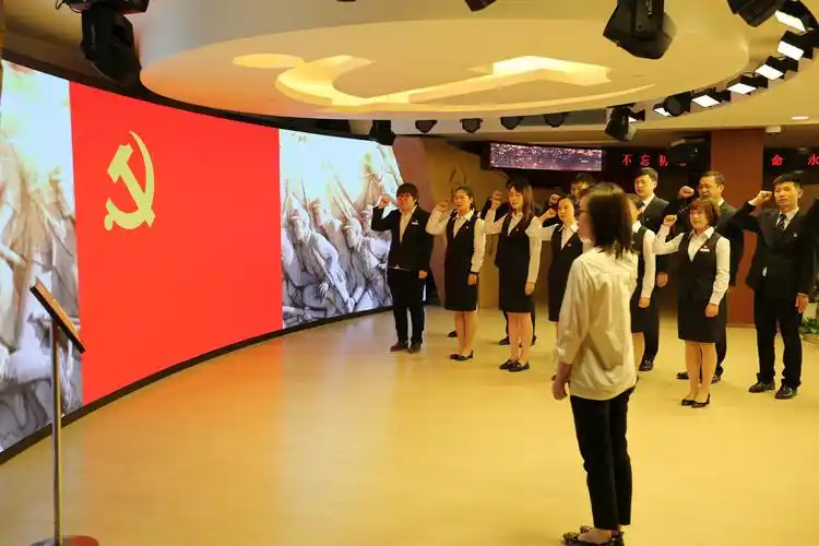 宣誓仪式中,新党员整齐队列,在领誓人的带领下,高举右臂面对