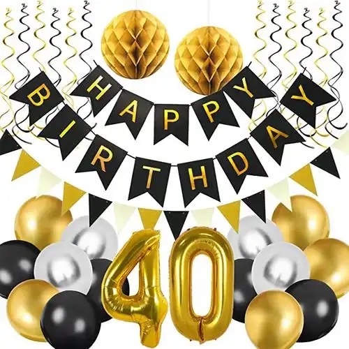 黑色和金色生日派对装饰,生日快乐横幅与蜂窝球数字 40 铝箔气球,用于