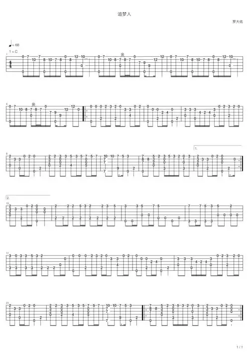 罗大佑追梦人指弹独奏 吉他谱