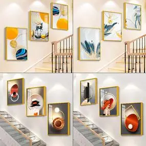 别墅楼梯间挂画三联复式楼走道楼道墙面装饰画过道拐角转角墙壁画