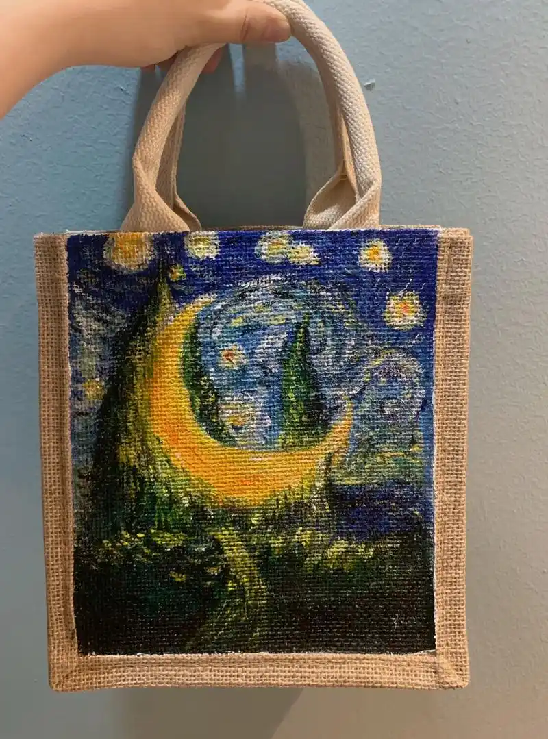 纯手绘muji麻布袋之 梵高《星月夜》#手绘包包 #muji - 抖音