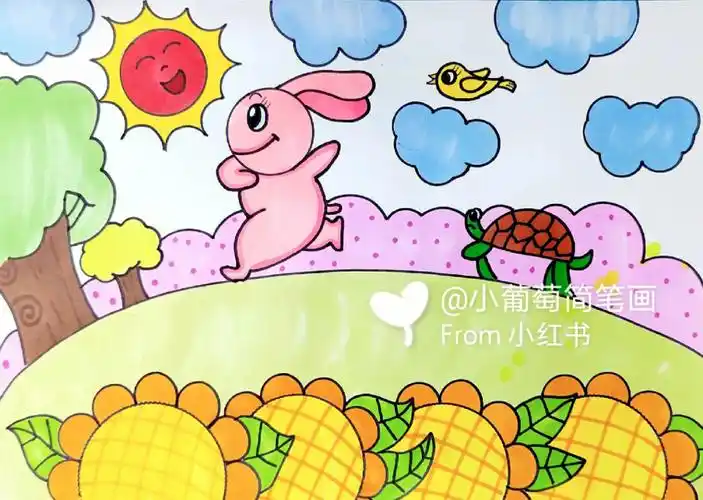 龟兔赛跑主题画/龟兔赛跑简笔画/有线稿