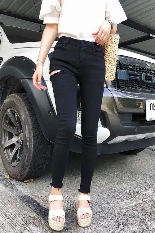 破洞牛仔裤黑色女