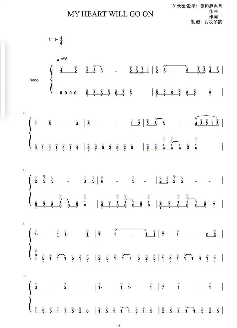 《我心永恒》简谱 指法.my heart will go o - 抖音