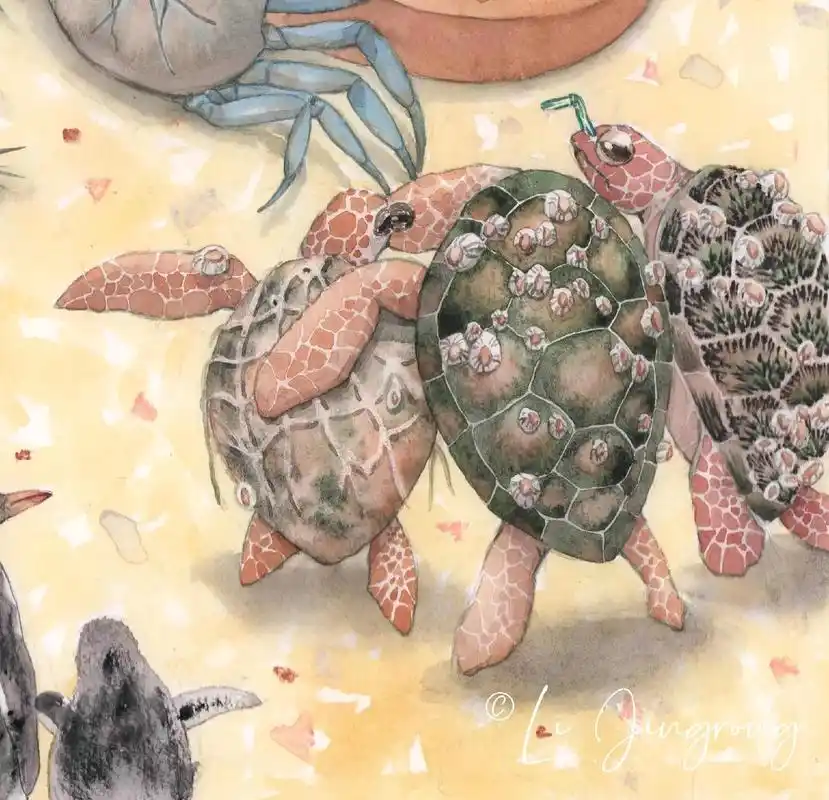 原创水彩插画#海龟 #海洋生物 #海洋污染 #环 - 抖音