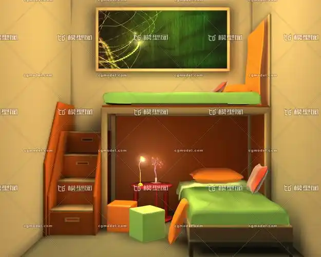 maya场景模型 简单室内场景 卧室 床 抱枕 枕头 上下床 步梯 台灯