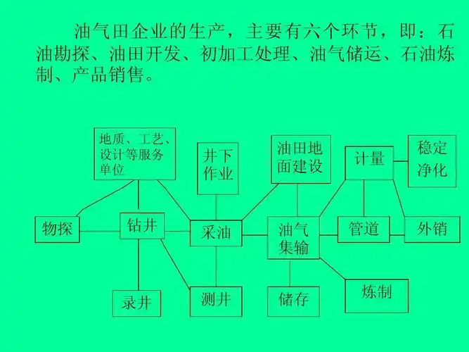 主要有六个环节,即:石 油勘探,油田开发,初加工处理,油气储运,石油炼