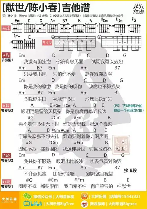 献世吉他谱 g调和弦谱_大树音乐屋编配_周杰伦-看谱啦