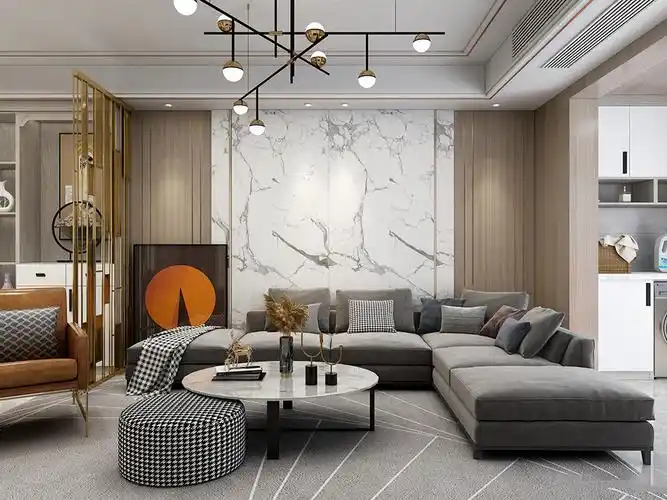 两居室现代简约客厅装修实景图片欣赏-现代轻奢风格沙发背景墙贴瓷砖