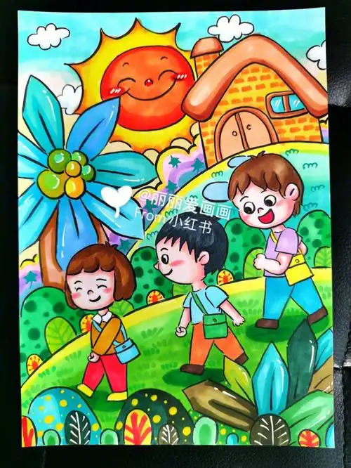 儿童画上学路上附线稿图