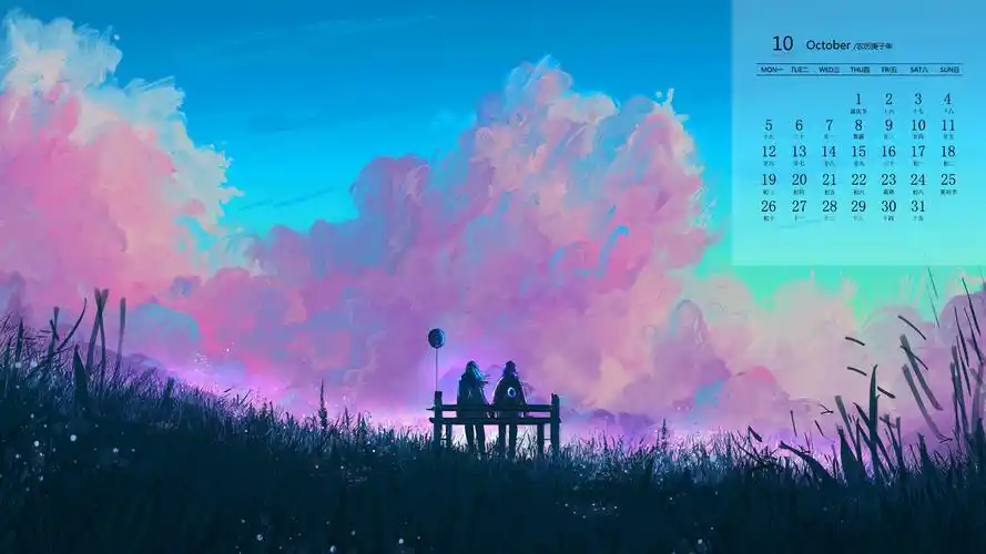 2020年10月二次元唯美风景插画日历壁纸