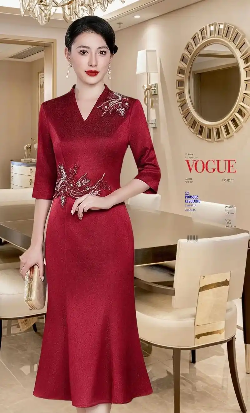 喜婆婆装 时尚重工鱼尾手工钉珠喜婆婆喜妈妈婚宴礼服连衣裙,姐妹们