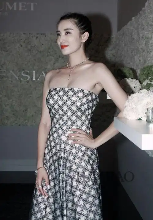 小宋佳宋佳身着塔达希 (tadashi shoji) 2014春夏系列黑白格礼服裙