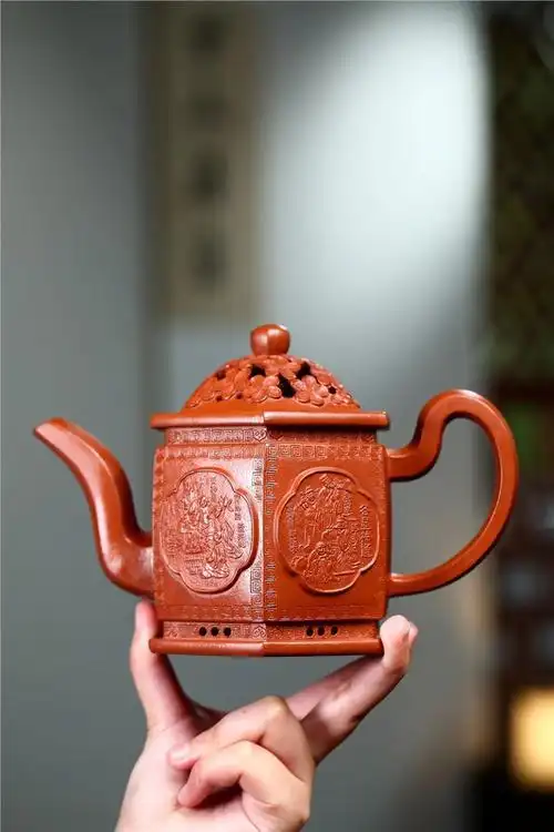 陈月娥紫砂壶价格|正品全手工六方宫灯壶原矿红皮龙550cc