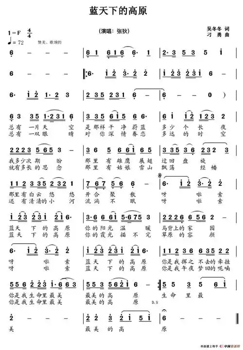 蓝天下的高原 - 简谱 - 歌谱简谱大全