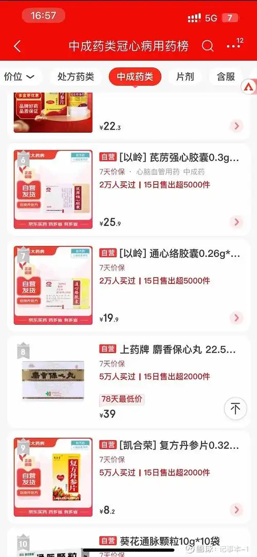 目标100倍 京东 冠心病中药排名1 天士力 丹参滴丸2 达仁堂 速效3