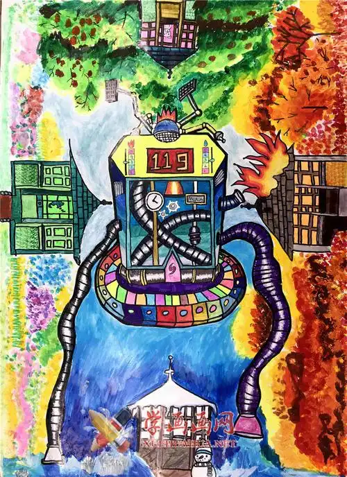 小学生获奖科幻画作品《穿越时空来帮你》