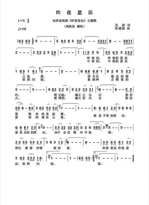 昨夜星辰简谱-高胜美演唱-杨诗丽制作曲谱1
