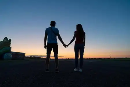 站在一起背对着镜头,手牵手,遥望远方,美丽的夕阳映衬在背景上照片