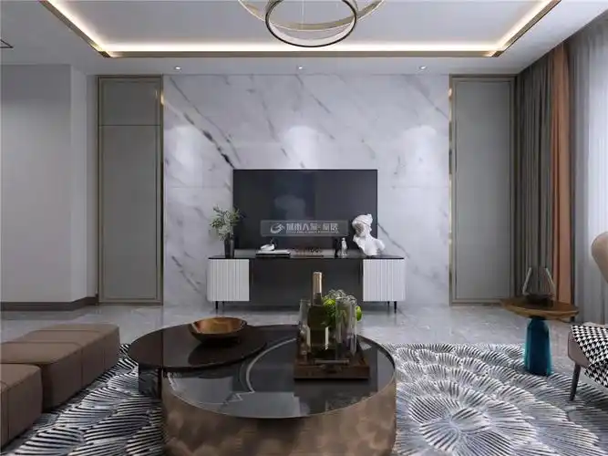 电视背景墙为大理石拼贴,两侧灰色对称拼贴装饰以金属材质收边,美观