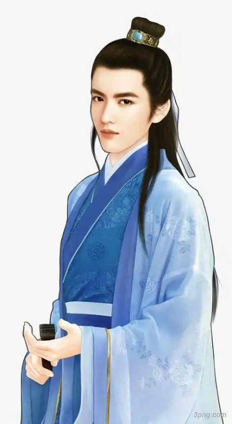 蓝衣手持扇子男子古风立绘png素材透明免抠图片-卡通手绘