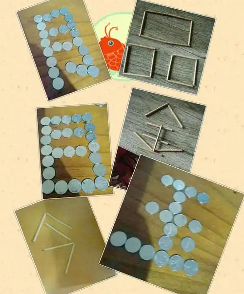 用小棍,硬币拼字,还学习了几个新字,这爸爸妈妈可真会引导!