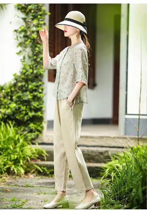 棉麻女装素素 高端棉麻套装女装夏季2022年新款休闲时尚减龄成套搭配