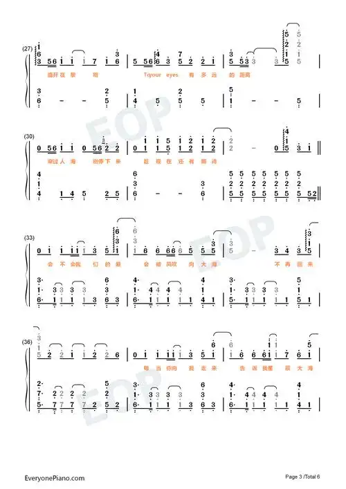 星辰大海-抖音热歌双手简谱预览3-钢琴谱文件(五线谱,双手简谱,数字谱