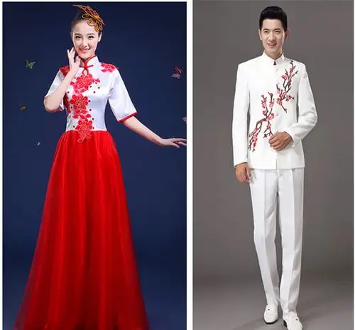 16最新款夏季合唱团服装民族长裙大合唱服民乐二胡古筝演出服男女