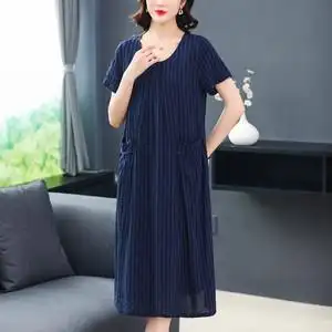 妈妈夏装连衣裙短袖新款薄40岁50洋气大码中老年女装棉麻气质裙子