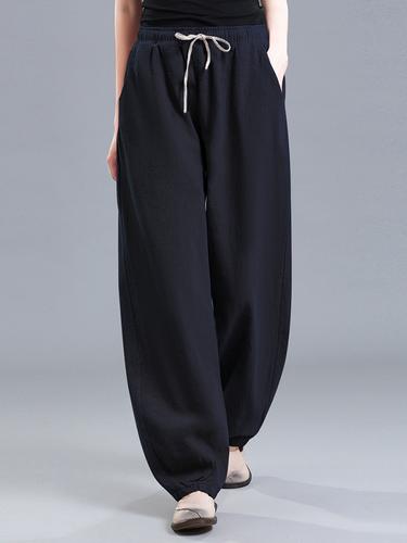 棉麻垂感灯笼裤女2024春夏新款高腰哈伦裤休闲裤宽松复古萝卜裤女