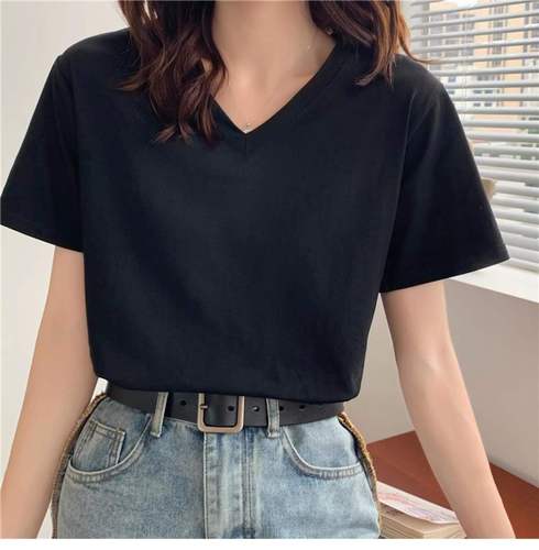 夏装v领白色t恤女短袖宽松韩版简约百搭bf常规纯色显瘦女装上衣女