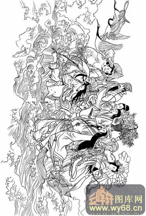 八仙-白描图-八仙过海7-八仙高清雕刻图案