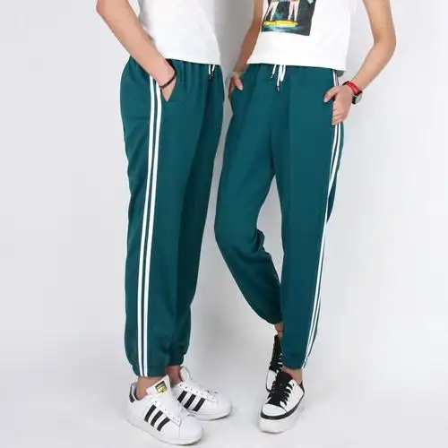 初中绿色双道杠白边校裤小脚缩口运动裤女生校服裤子三道杠夏季优惠券
