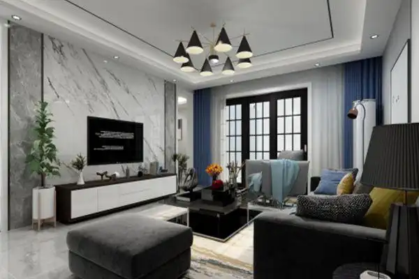 圆桌,配六把灰色的创意餐椅,餐桌上放着一瓶黄色的鲜花,墙面是灰色的