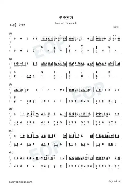 千千万万-c调简单版双手简谱预览1