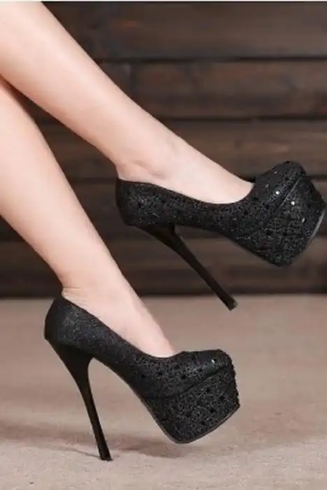 15cm超高跟夜店性感单鞋水钻细跟百搭显瘦气质浅口防水台圆头女高跟鞋